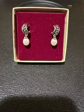 Zales Silver Twisted Hoop Earrings with White Pearl Drops